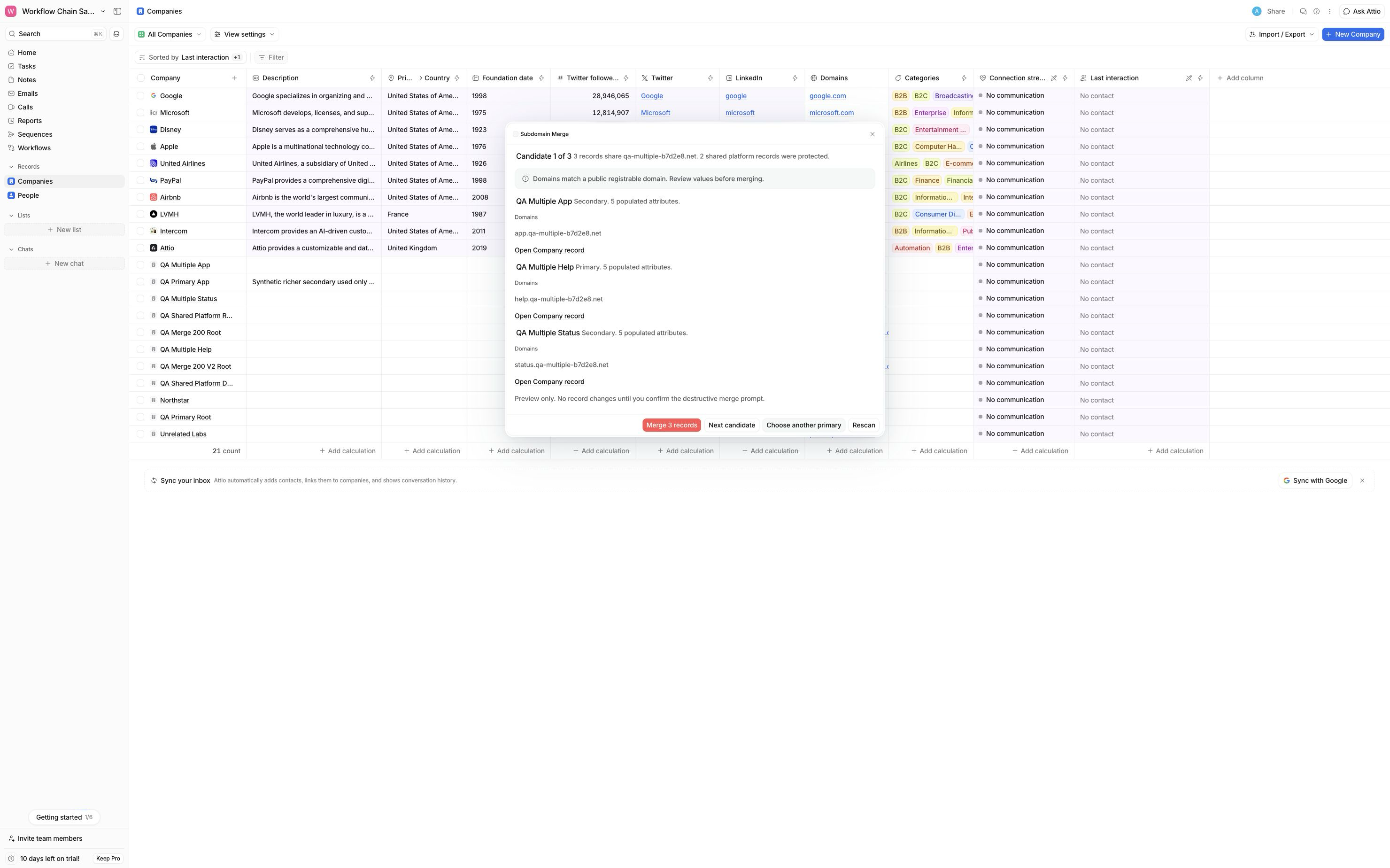 Subdomain Merge preview showing the selected primary Company