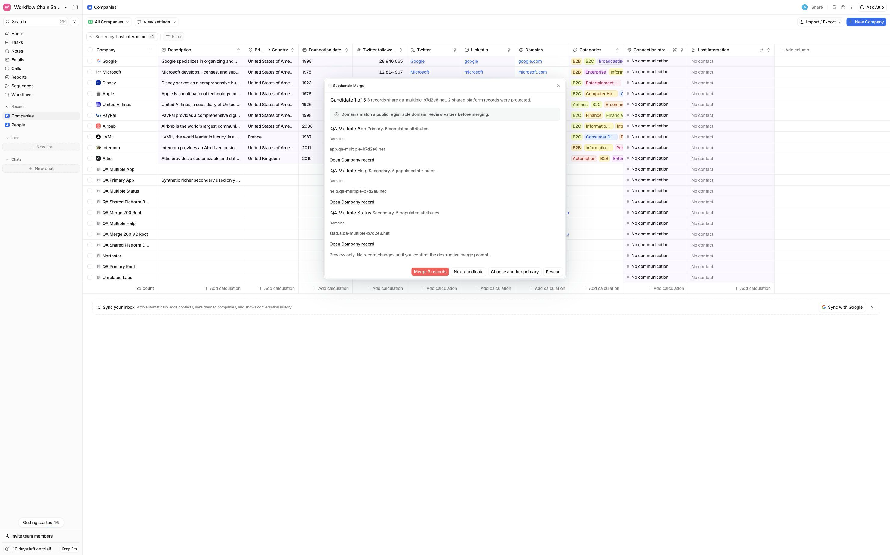 Subdomain Merge scan showing candidate Company groups in Attio