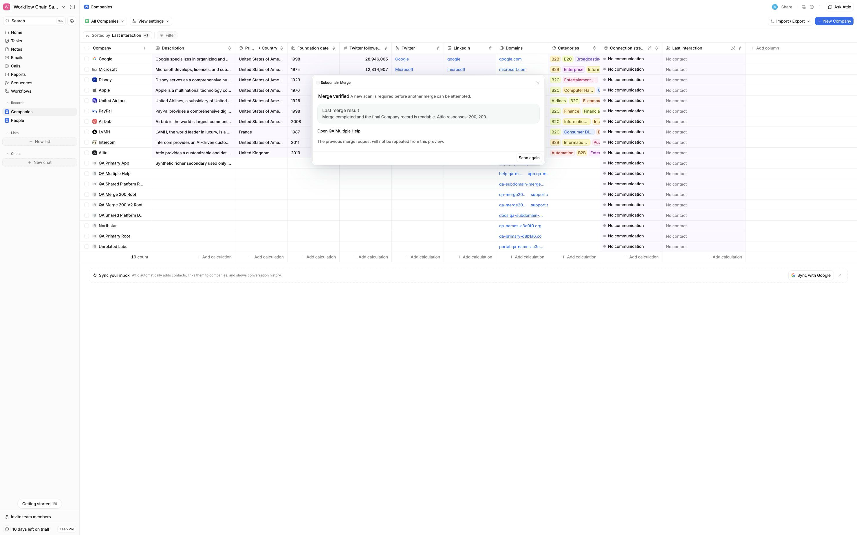 Subdomain Merge result confirming the final Attio Company record