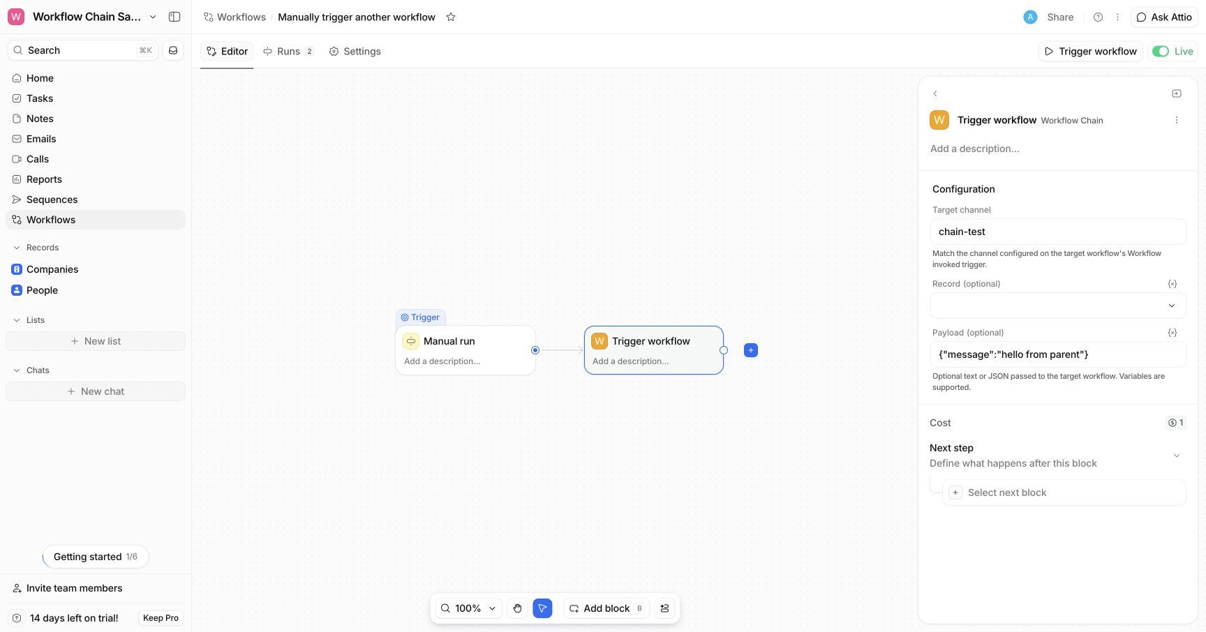 Trigger workflow block configured in an Attio workflow