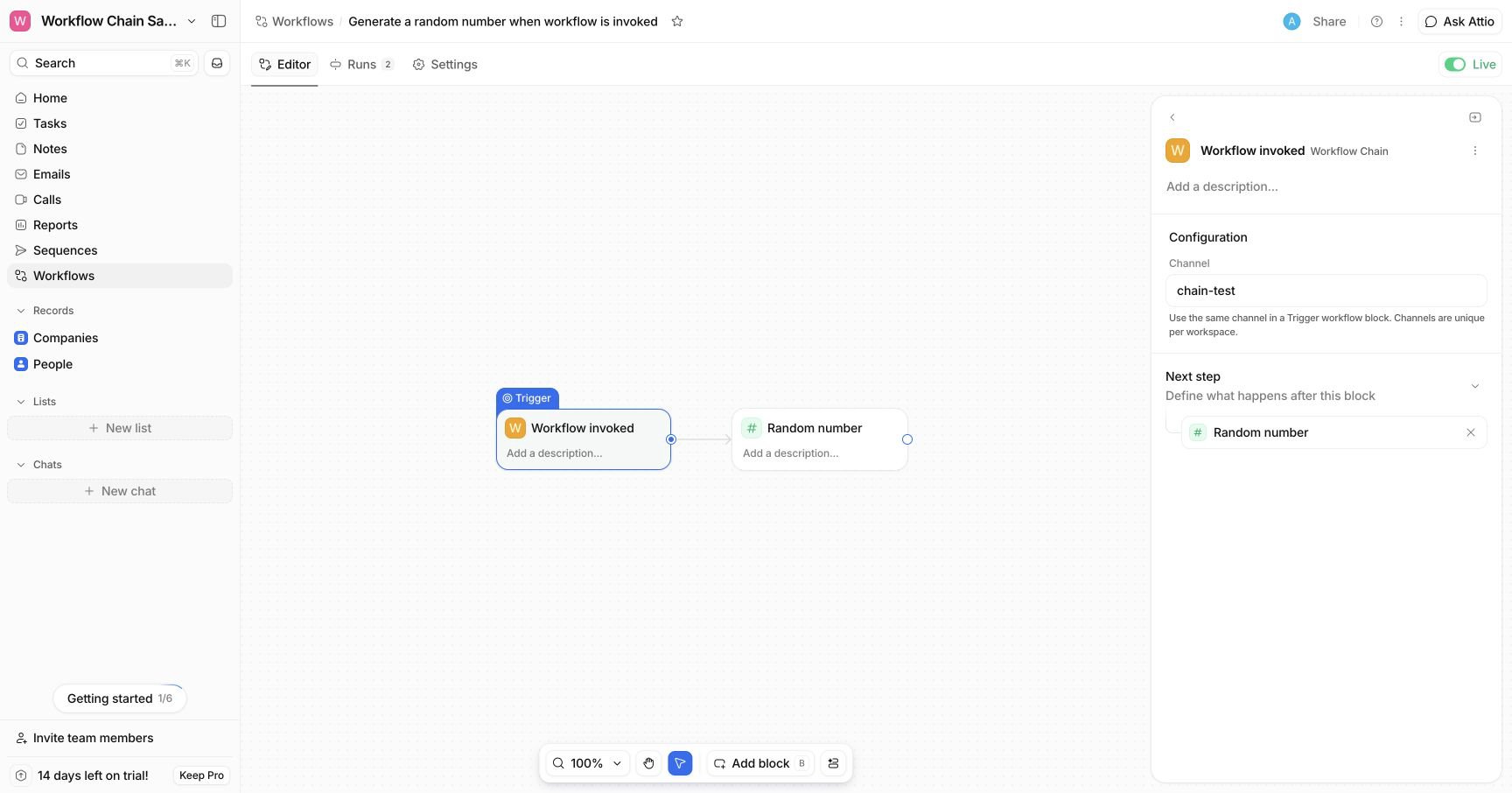 Workflow invoked trigger configured in Attio