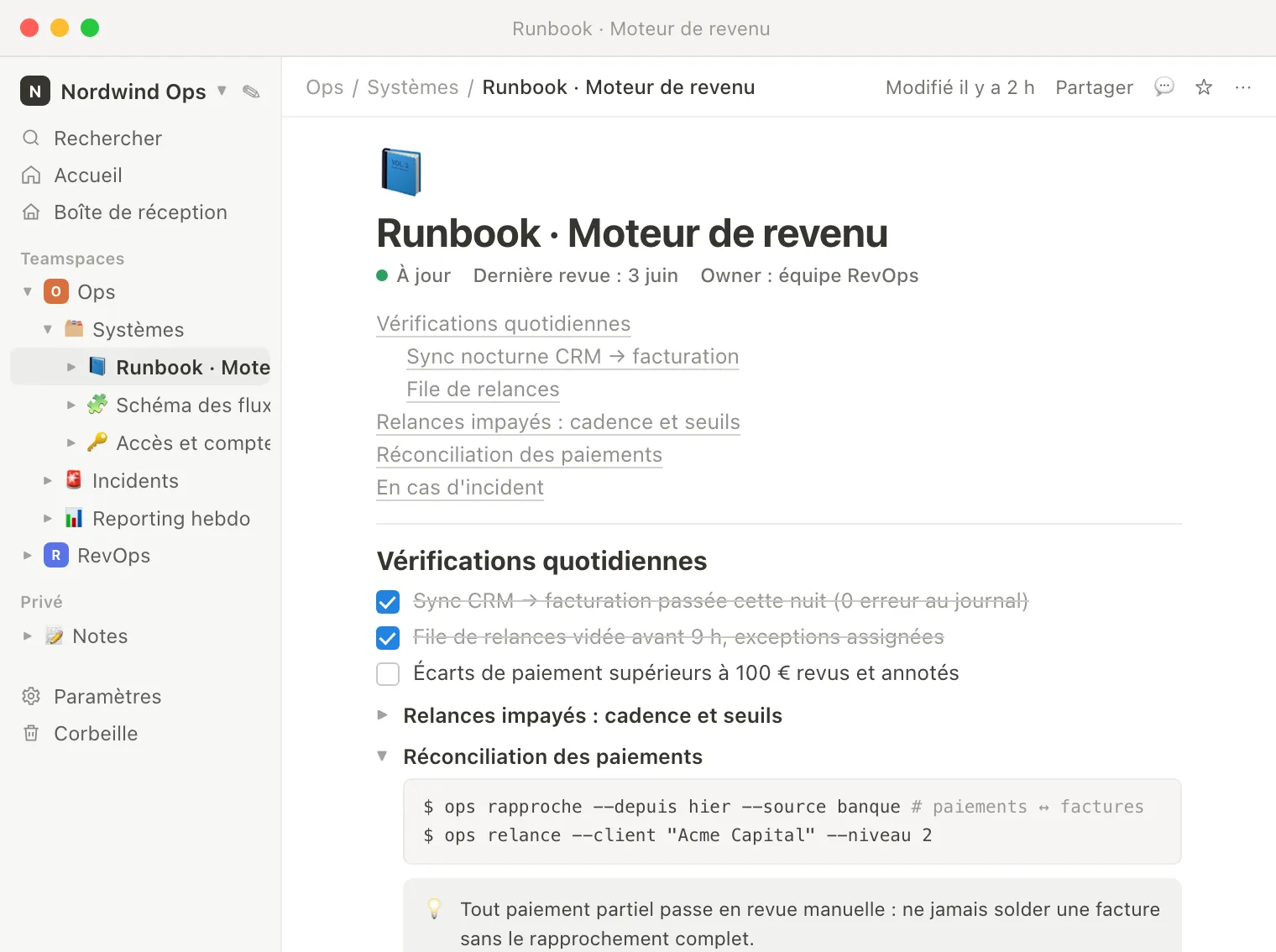 Aperçu illustratif : runbook d'exploitation